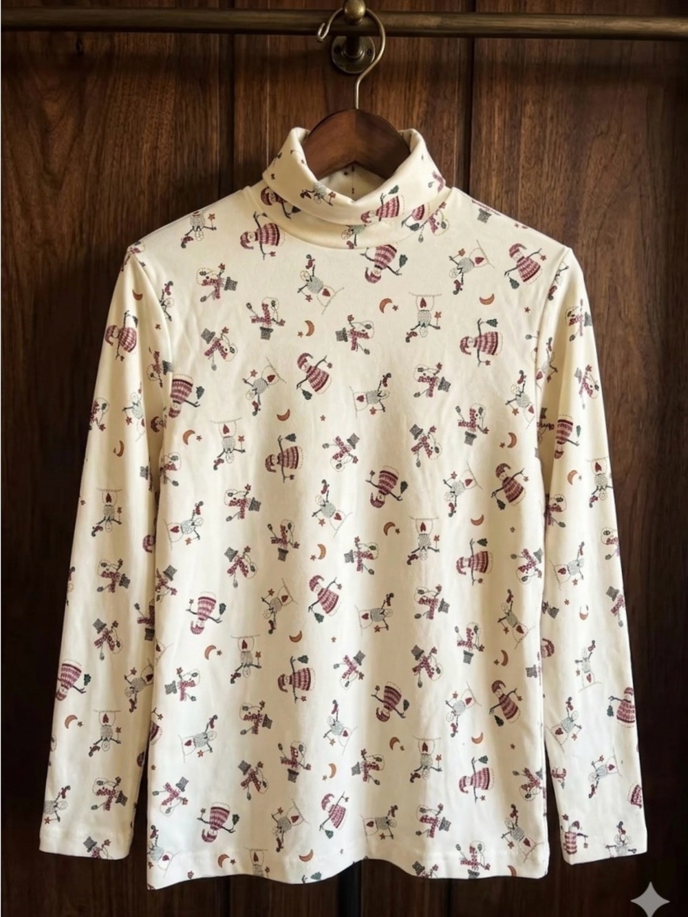 Vintage Snowman Print Turtleneck Winter Holiday Cottagecore Large Cotton